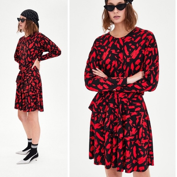 Zara Dresses & Skirts - Zara Black Red Print Ruffled Dress Raw Hem L NWT